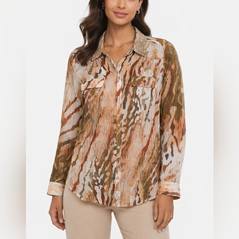 ✨️4/$20 Neutral Zebra Chic Joceline Top Long Sleeve Sequin Collar - Picture 1 of 14